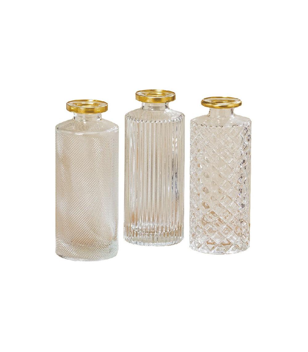 wadiga Set de 3 Vases Soliflores en Verre Transparent et Doré - Hauteur 13cm