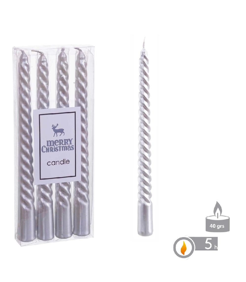 Wadiga Set De 4 Bougies De Noël Torsadées Argentées - 20cm