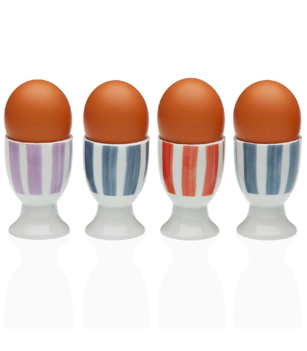 Wadiga Set De 4 Coquetiers En Porcelaine Blanche Avec Rayures 4.5x4.5x6.5cm