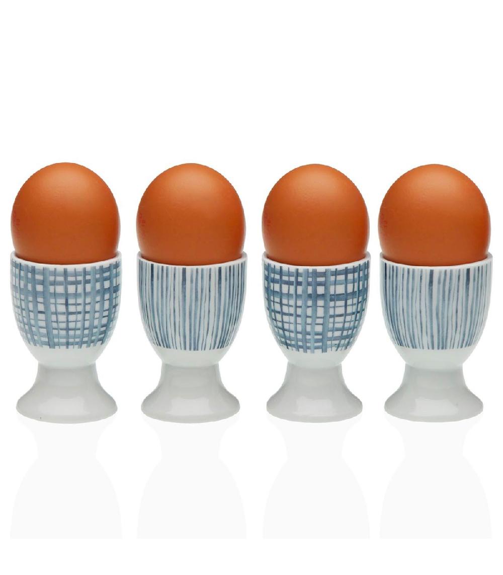 Wadiga Set De 4 Coquetiers En Porcelaine Blanche Et Bleue 4.5x4.5x6.5cm