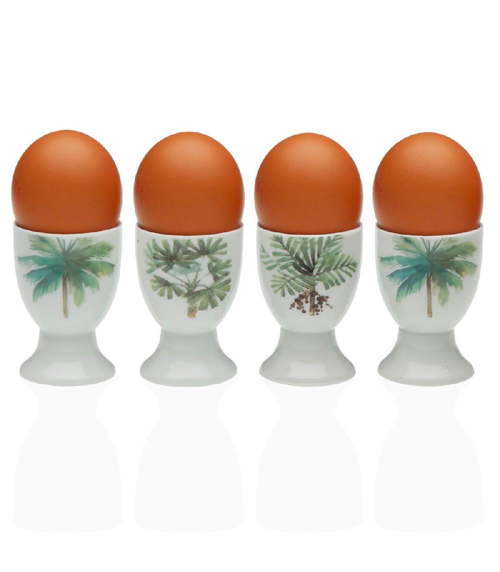 Wadiga Set De 4 Coquetiers En Porcelaine Blanche Motifs Palmiers 4.5x4.5x6.5cm