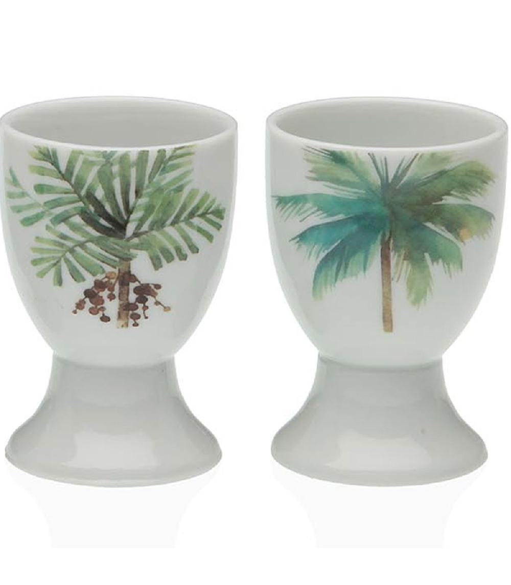 Wadiga Set De 4 Coquetiers En Porcelaine Blanche Motifs Palmiers 4.5x4.5x6.5cm