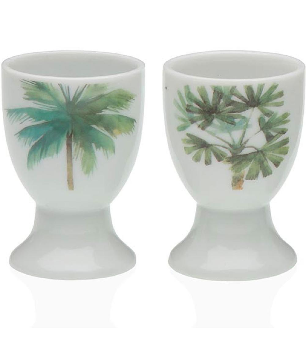 Wadiga Set De 4 Coquetiers En Porcelaine Blanche Motifs Palmiers 4.5x4.5x6.5cm