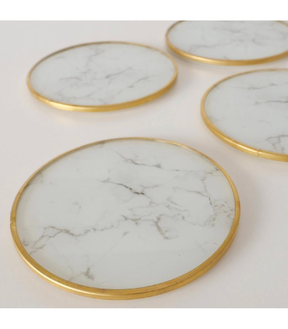 Wadiga Set De 4 Dessous De Verres Marbré Blanc Et Doré 10cm