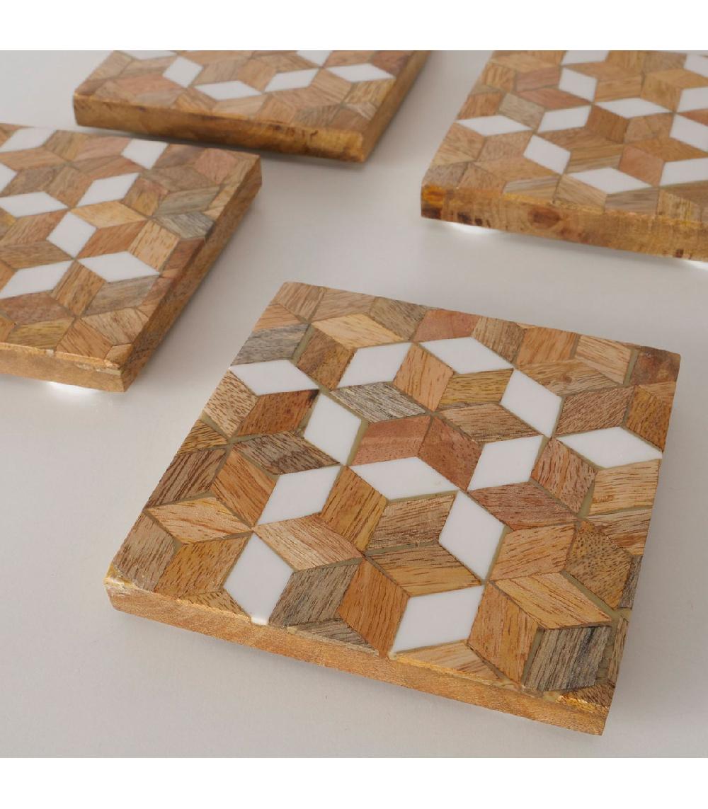 Wadiga Set De 4 Dessous De Verres Mosaïques En Bois D'acacia Et Résine 10x10x2cm