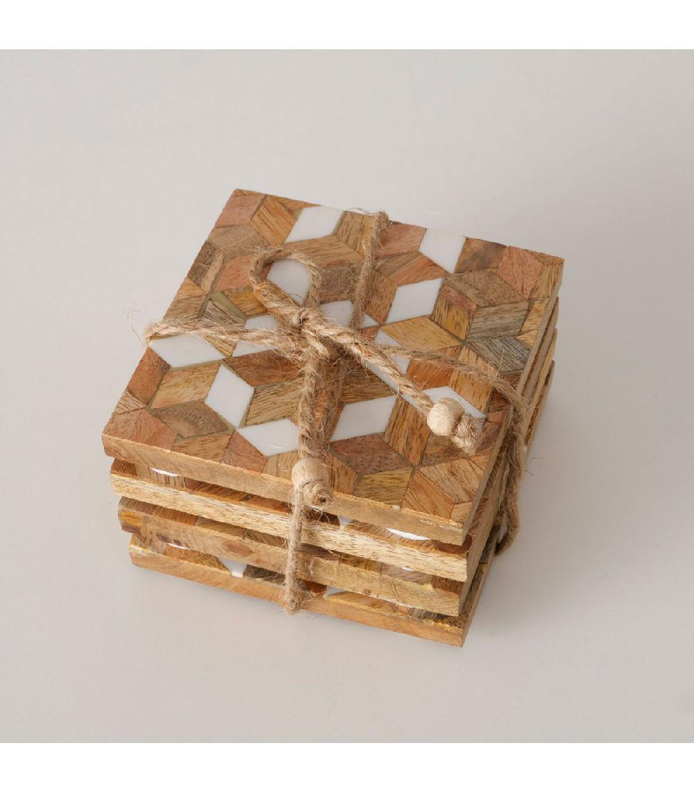 Wadiga Set De 4 Dessous De Verres Mosaïques En Bois D'acacia Et Résine 10x10x2cm