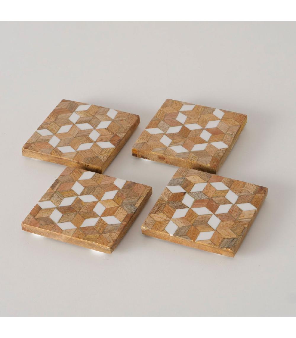 Wadiga Set De 4 Dessous De Verres Mosaïques En Bois D'acacia Et Résine 10x10x2cm