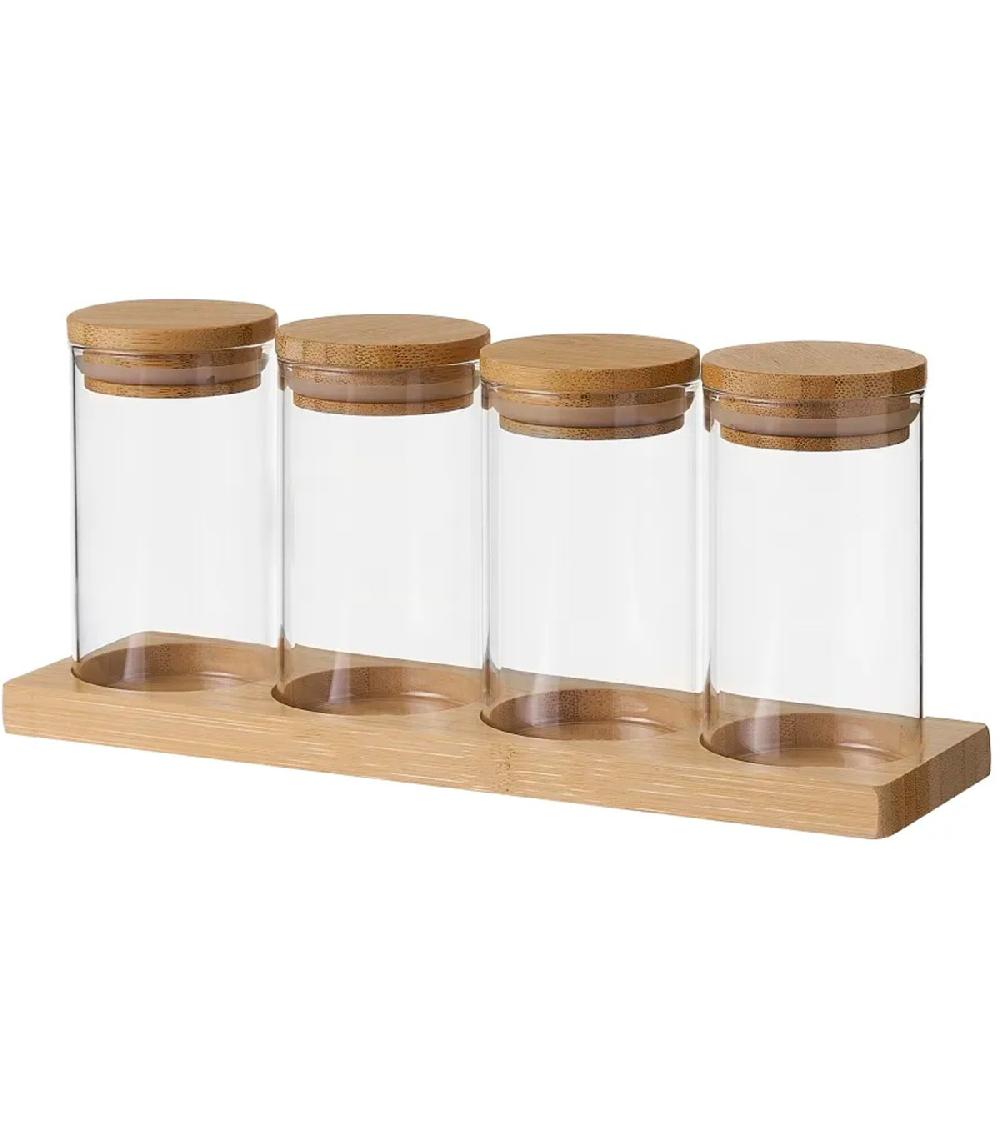 wadiga Set de 4 pots à épices en verre et plateau en bambou