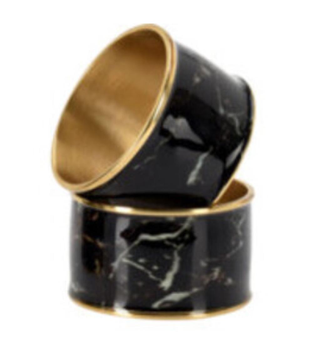 Wadiga Set De 4 Ronds De Serviette En Métal Doré Et Motif Marbre Noir