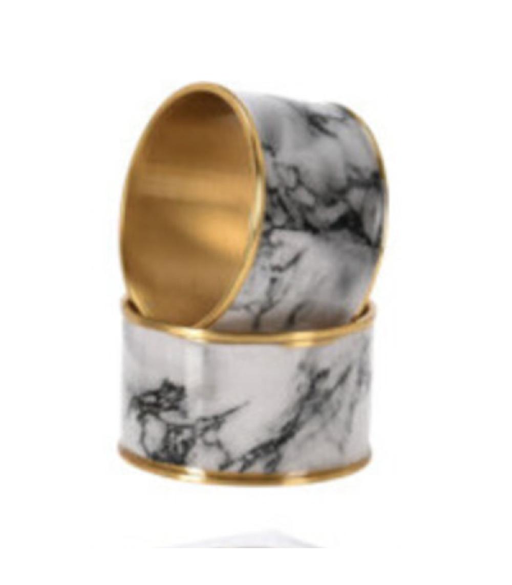 Wadiga Set De 4 Ronds De Serviette En Métal Doré Et Motif Marbre Blanc