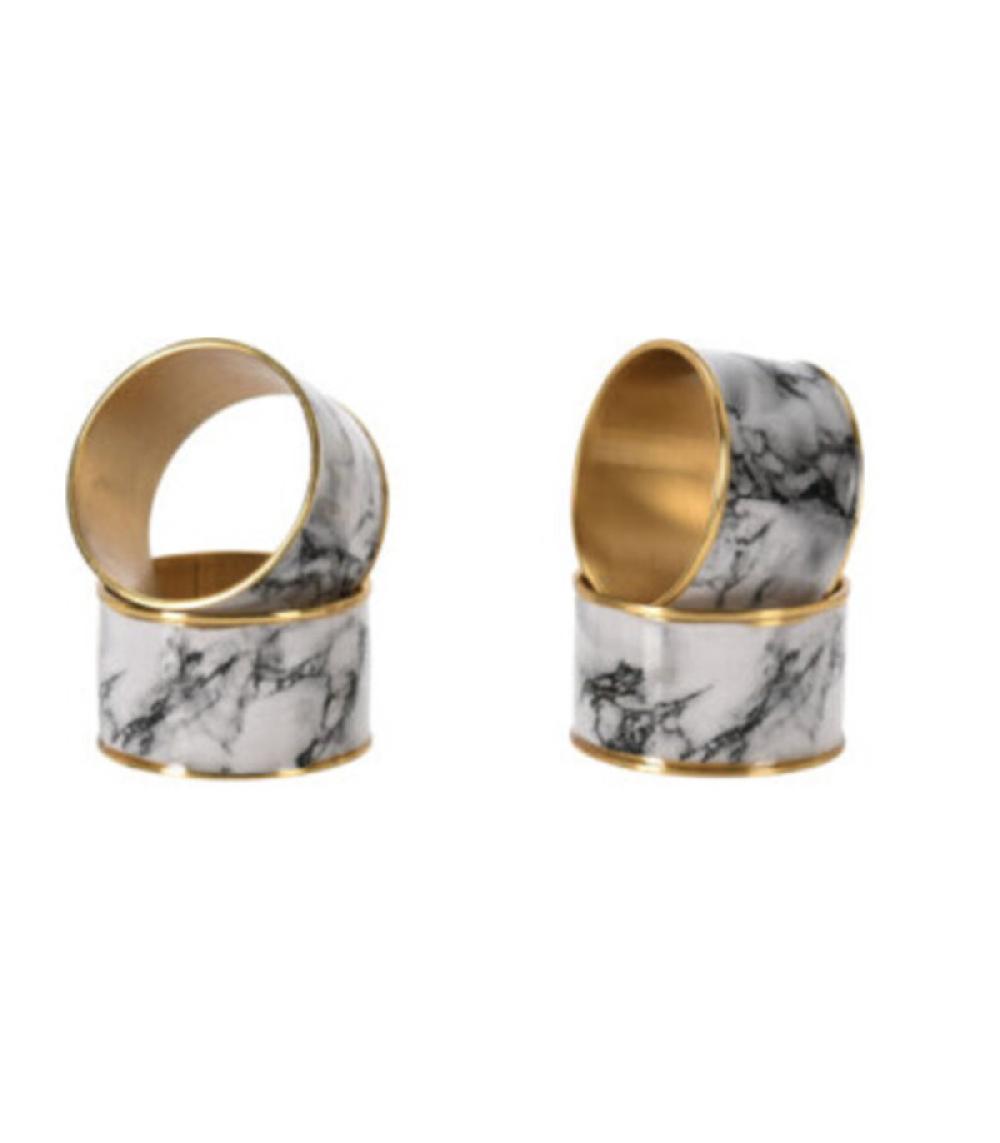 wadiga Set de 4 ronds de serviette en métal doré et motif marbre blanc