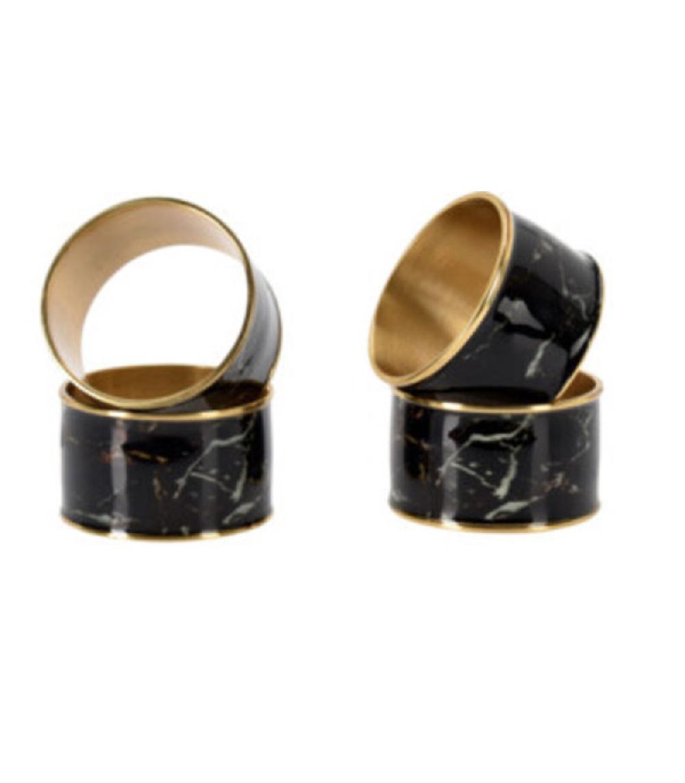 wadiga Set de 4 ronds de serviette en métal doré et motif marbre noir