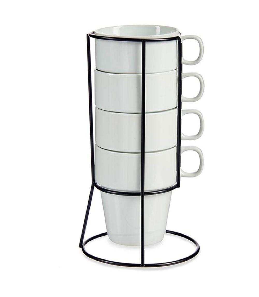 wadiga Set de 4 tasses en porcelaine blanche empilables avec support métal