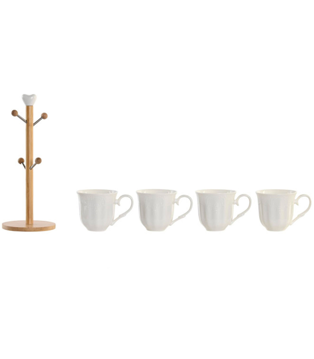Wadiga Set De 4 Tasses En Porcelaine Blanche Et Support Bambou 350ml