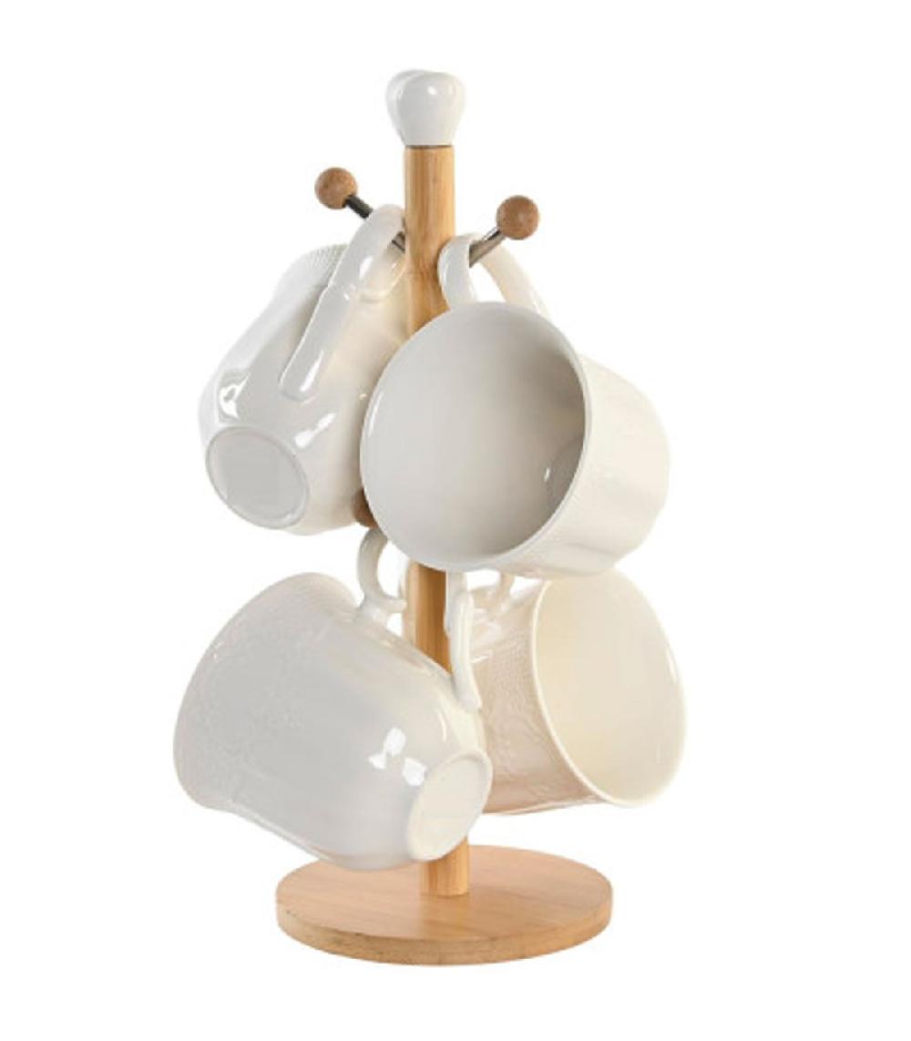wadiga Set de 4 tasses en porcelaine blanche et support bambou 350ml