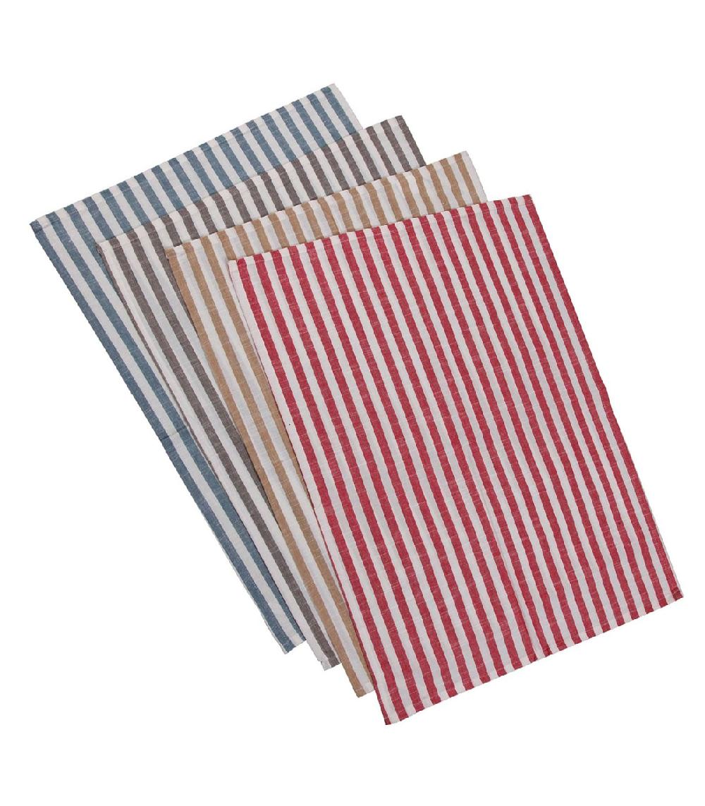 wadiga Set de 4 torchons rayés 100% coton rouge jaune gris bleu 50x70cm
