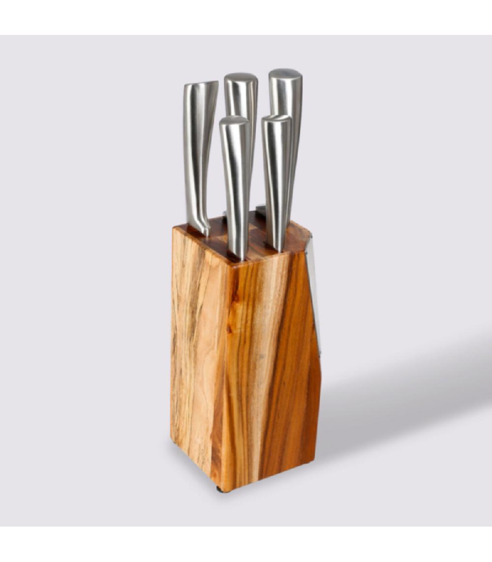Wadiga Set De 5 Couteaux De Cuisine En Inox Et Bloc En Acacia