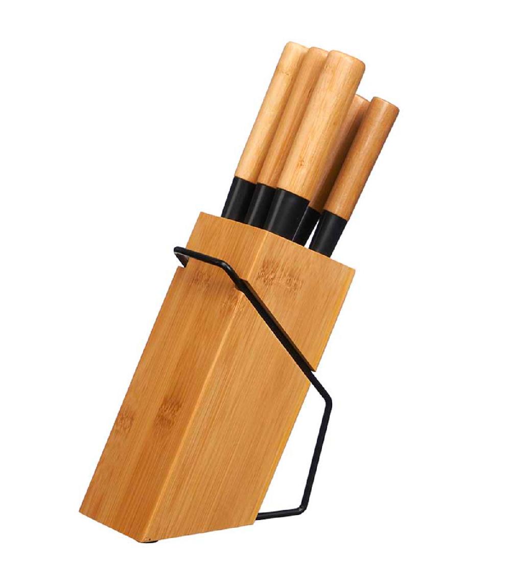 wadiga Set de 5 couteaux de cuisine et bloc de rangement bambou 8.5x18.5x36cm