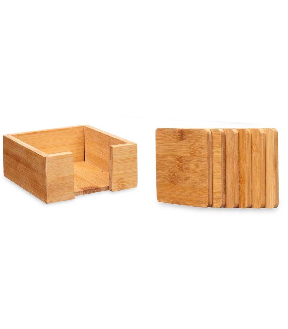 Wadiga Set De 5 Dessous De Verres Carrés En Bambou + Rangement 12x12x5.5ccm
