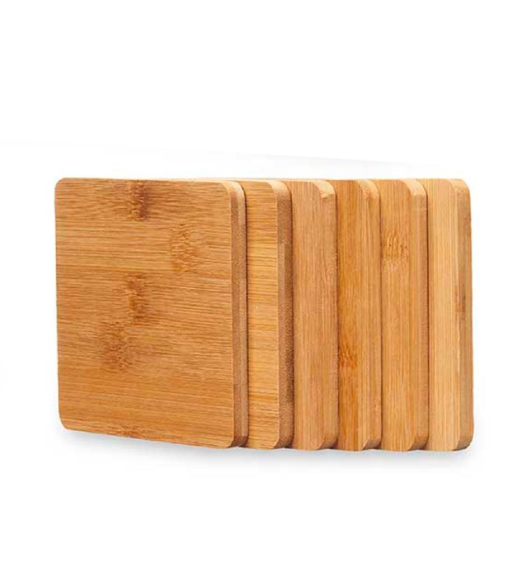 Wadiga Set De 5 Dessous De Verres Carrés En Bambou + Rangement 12x12x5.5ccm