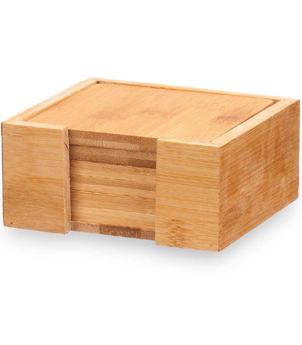 wadiga Set de 5 dessous de verres carrés en bambou + rangement 12x12x5.5ccm