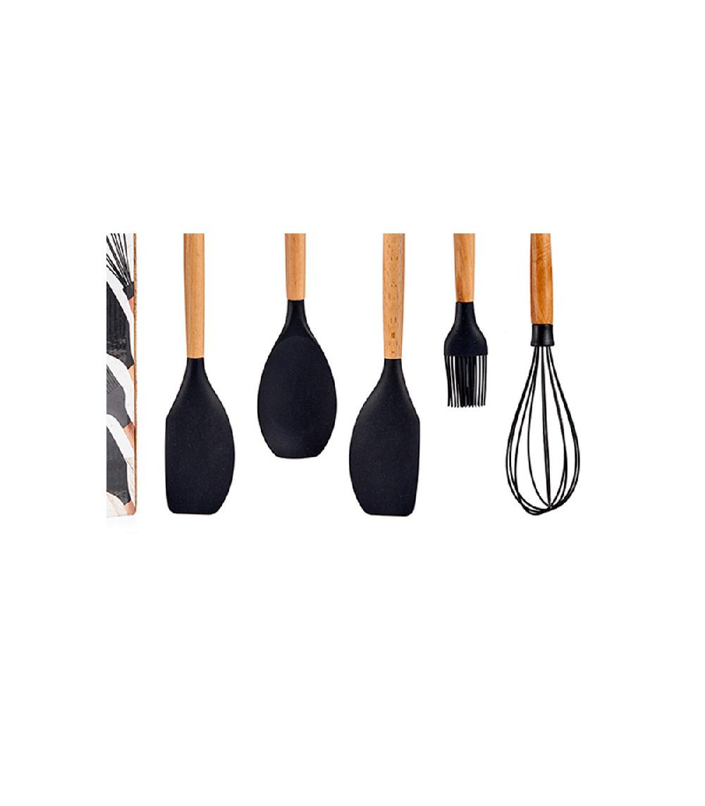 Wadiga Set De 5 Ustensiles De Cuisine Manche En Bois Et Polypropylène Noir