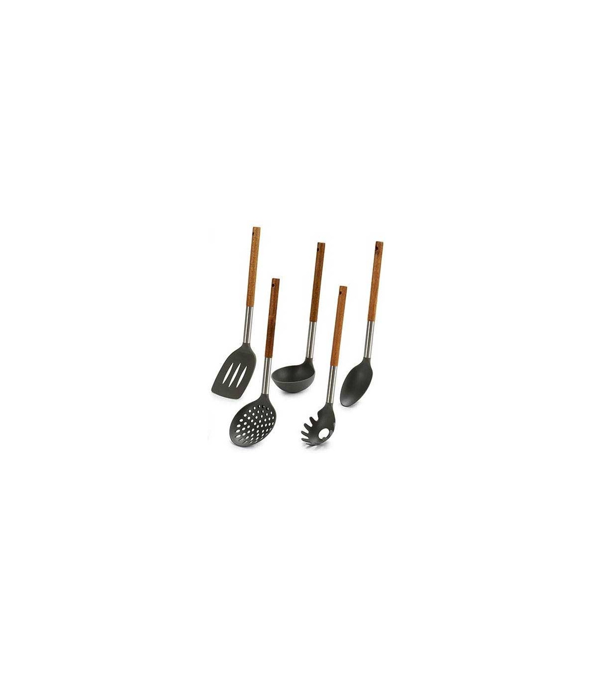 wadiga Set de 5 Ustensiles de Cuisine Manche en Bois et Polypropylène Noir