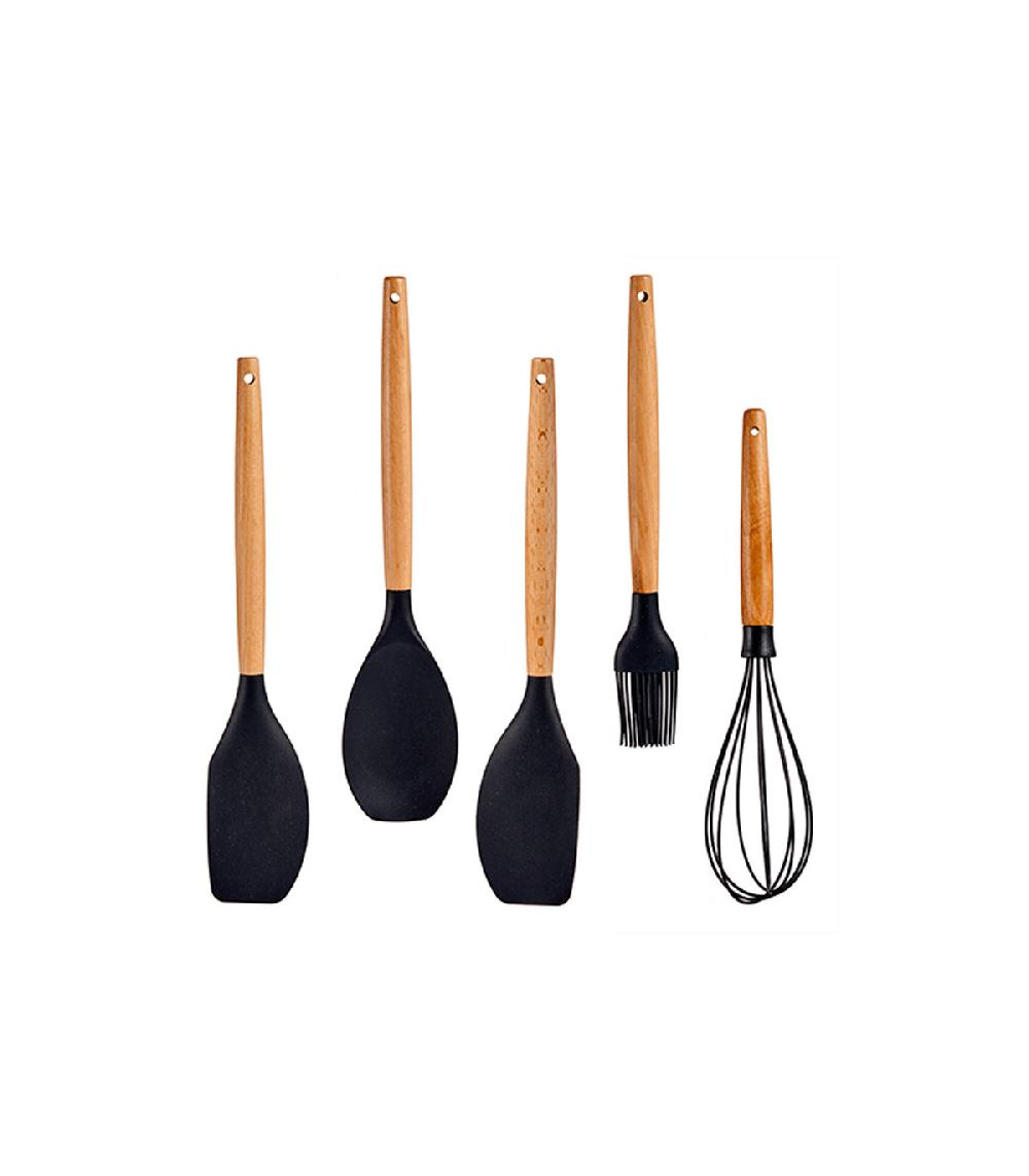 wadiga Set de 5 Ustensiles de Cuisine Manche en Bois et Polypropylène Noir