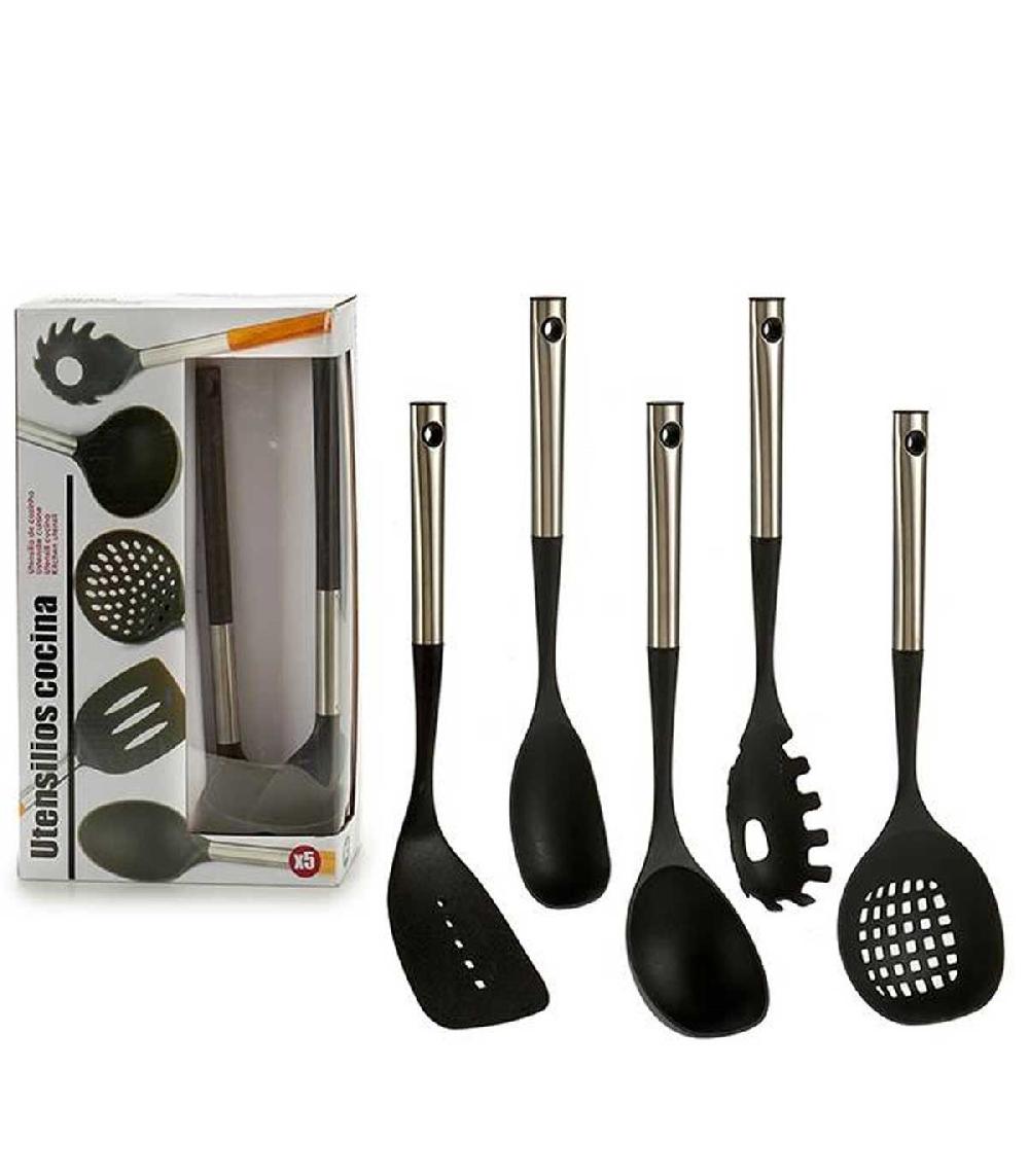 Wadiga Set De 5 Ustensiles De Cuisine Manche En Métal Chromé Et Polypropylène Noir
