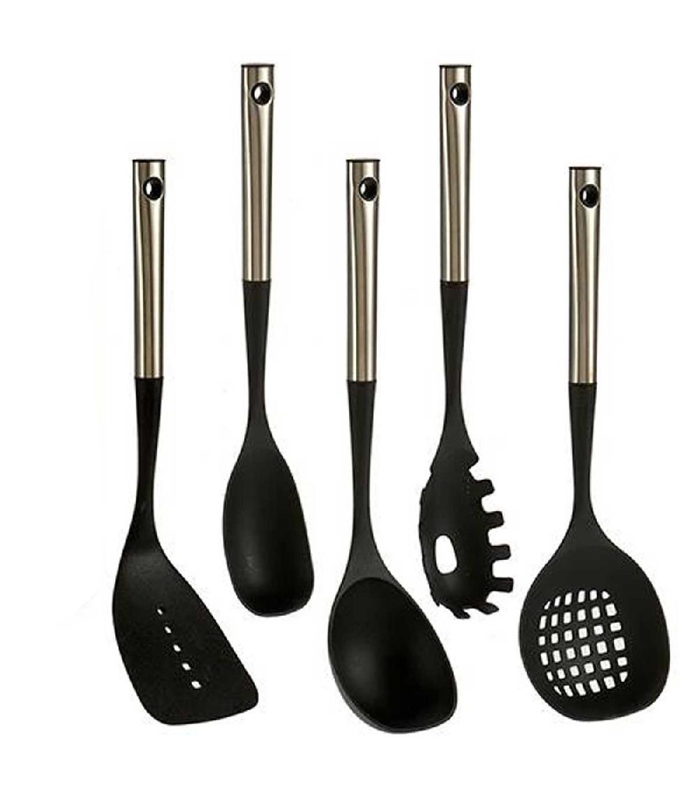 wadiga Set de 5 Ustensiles de Cuisine Manche en Métal Chromé et Polypropylène Noir
