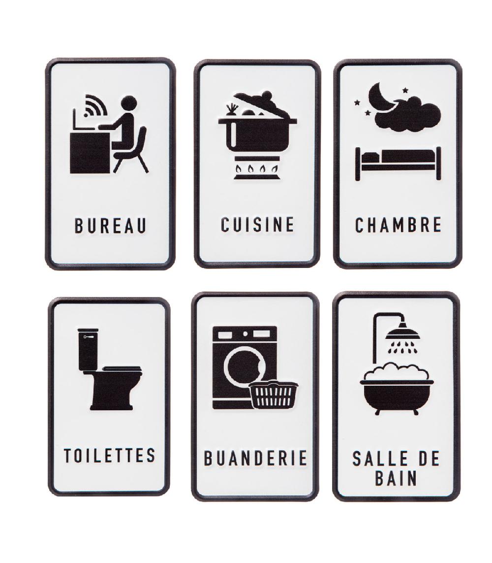 wadiga Set de 6 plaques de porte signalétiques en métal noir et blanc