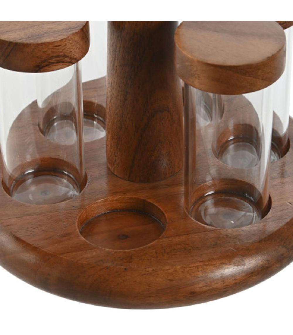 Wadiga Set De 6 Pots à épices En Verre Et Plateau En Acacia Et Inox Doré 20.5x20.5x20cm
