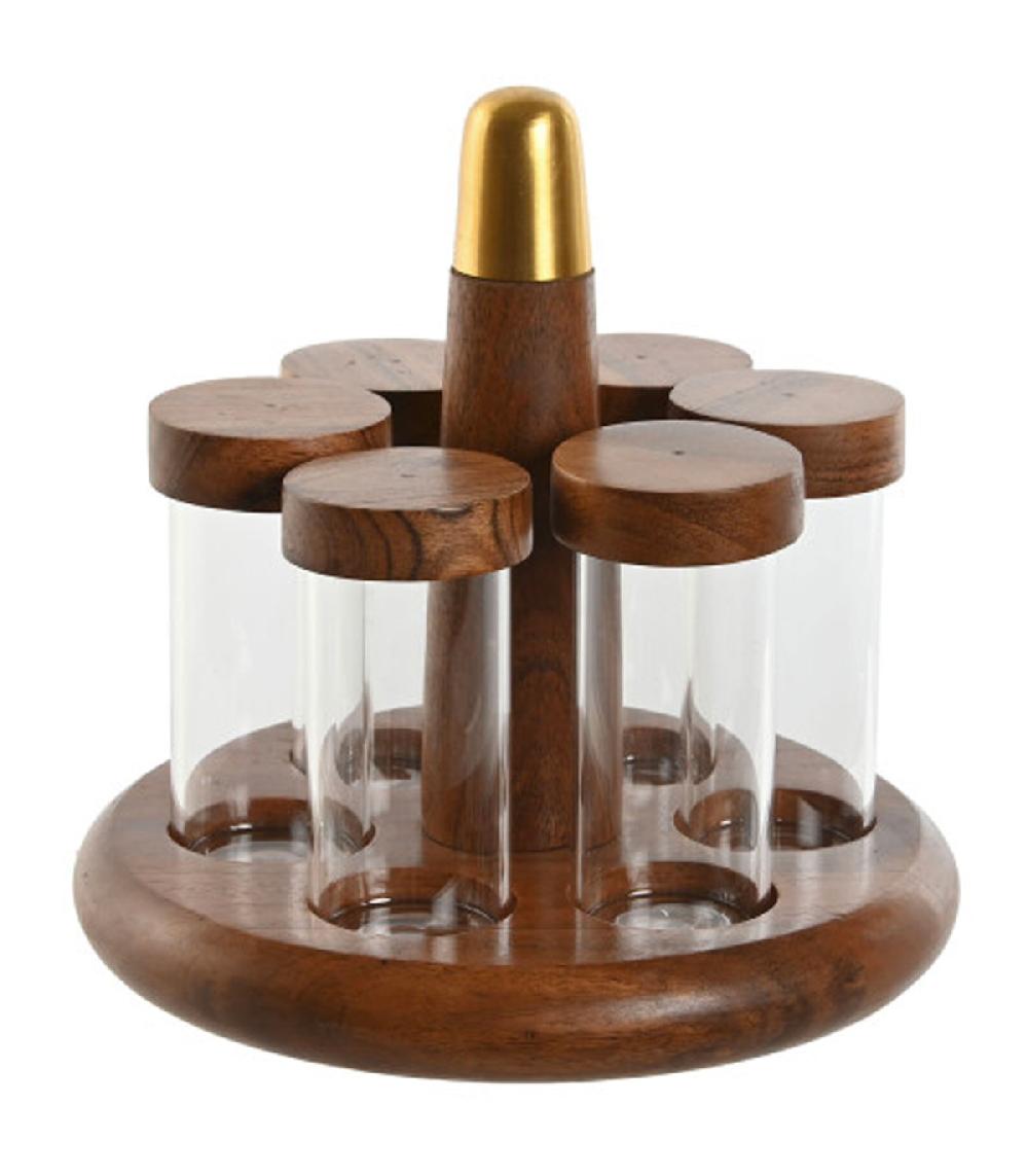 wadiga Set de 6 pots à épices en verre et plateau en acacia et inox doré 20.5x20.5x20cm
