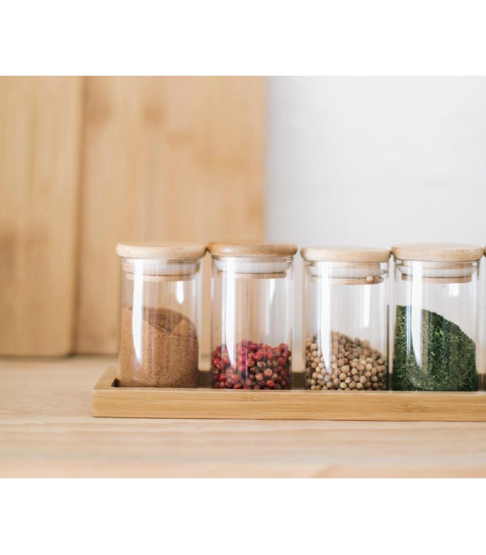Wadiga Set De 6 Pots à Épices En Verre Et Plateau En Bambou