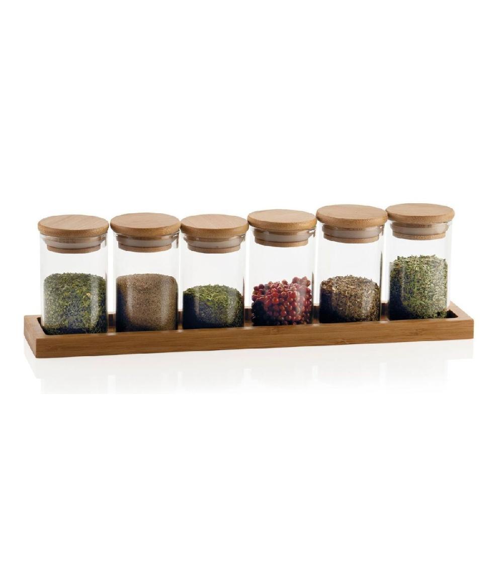 wadiga Set de 6 Pots à Épices en Verre et Plateau en Bambou