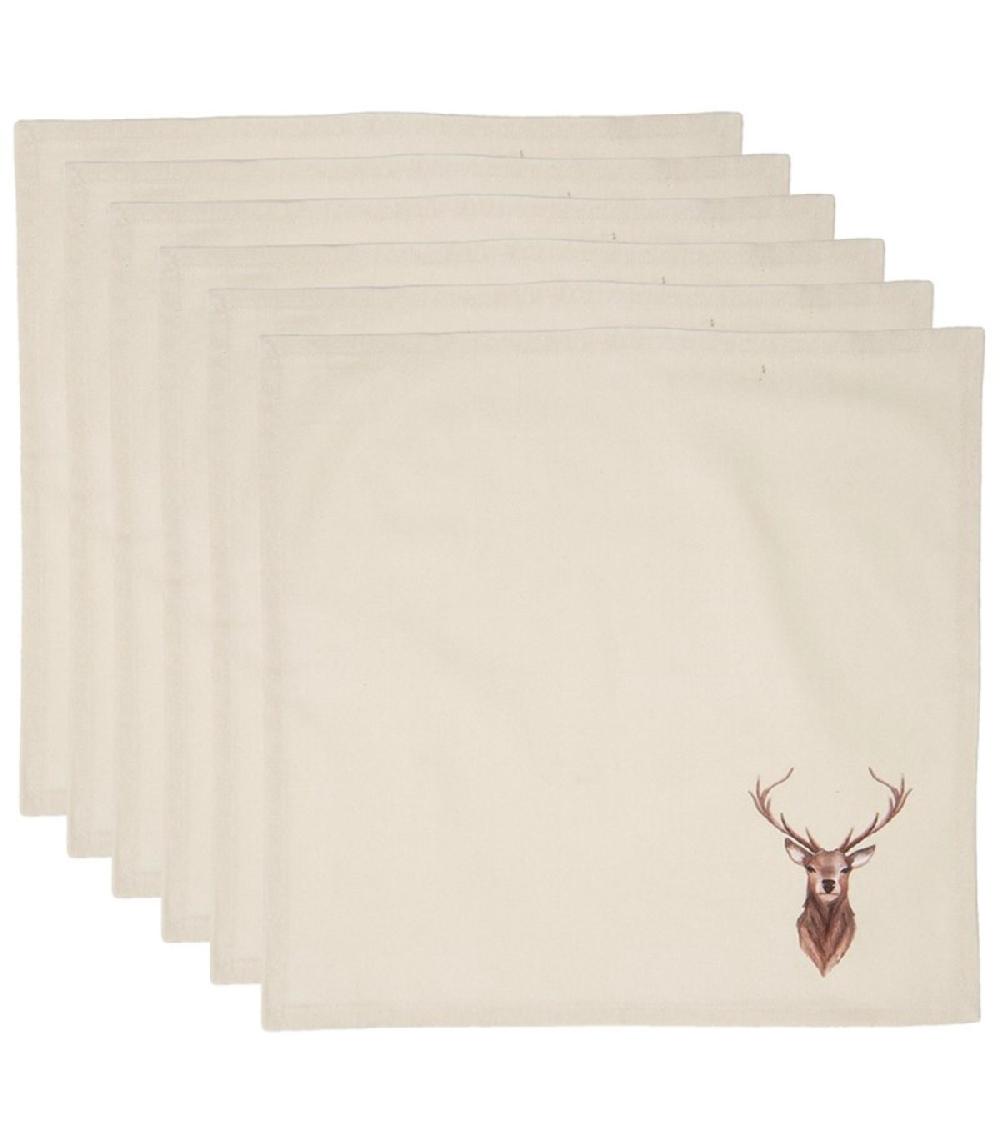 wadiga Set de 6 serviettes de table 100% coton beige cerf 40x40cm