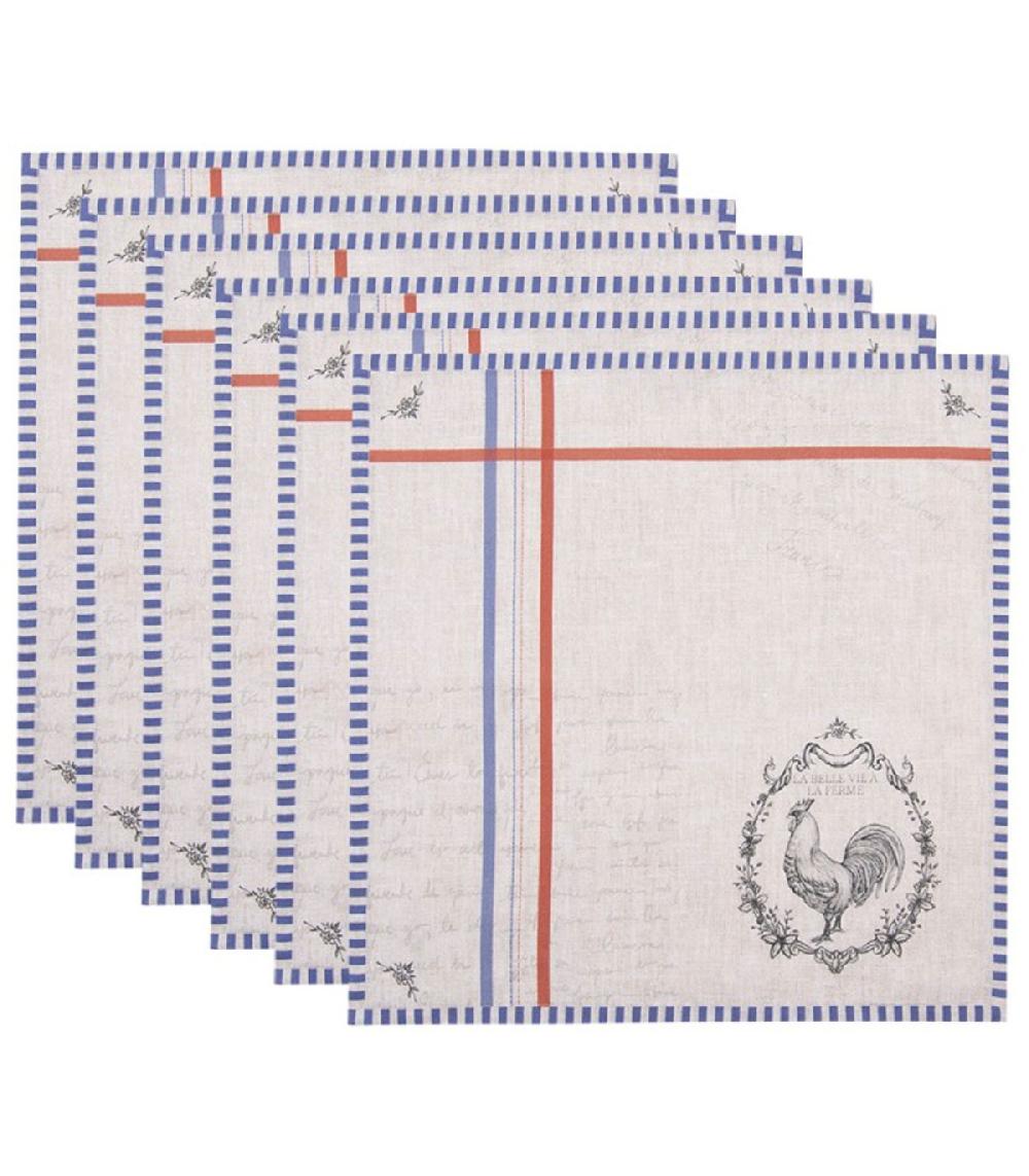 wadiga Set de 6 serviettes de table 100% coton beige coq 40x40cm