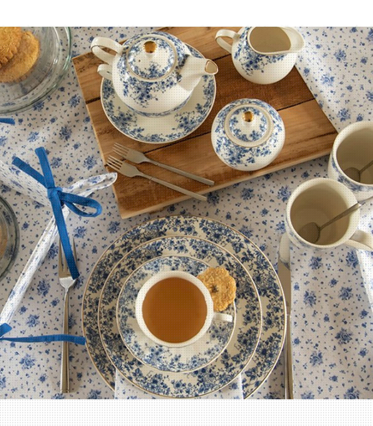 Wadiga Set De 6 Serviettes De Table 100% Coton Blanc Motif Fleuri Bleu 40x40cm
