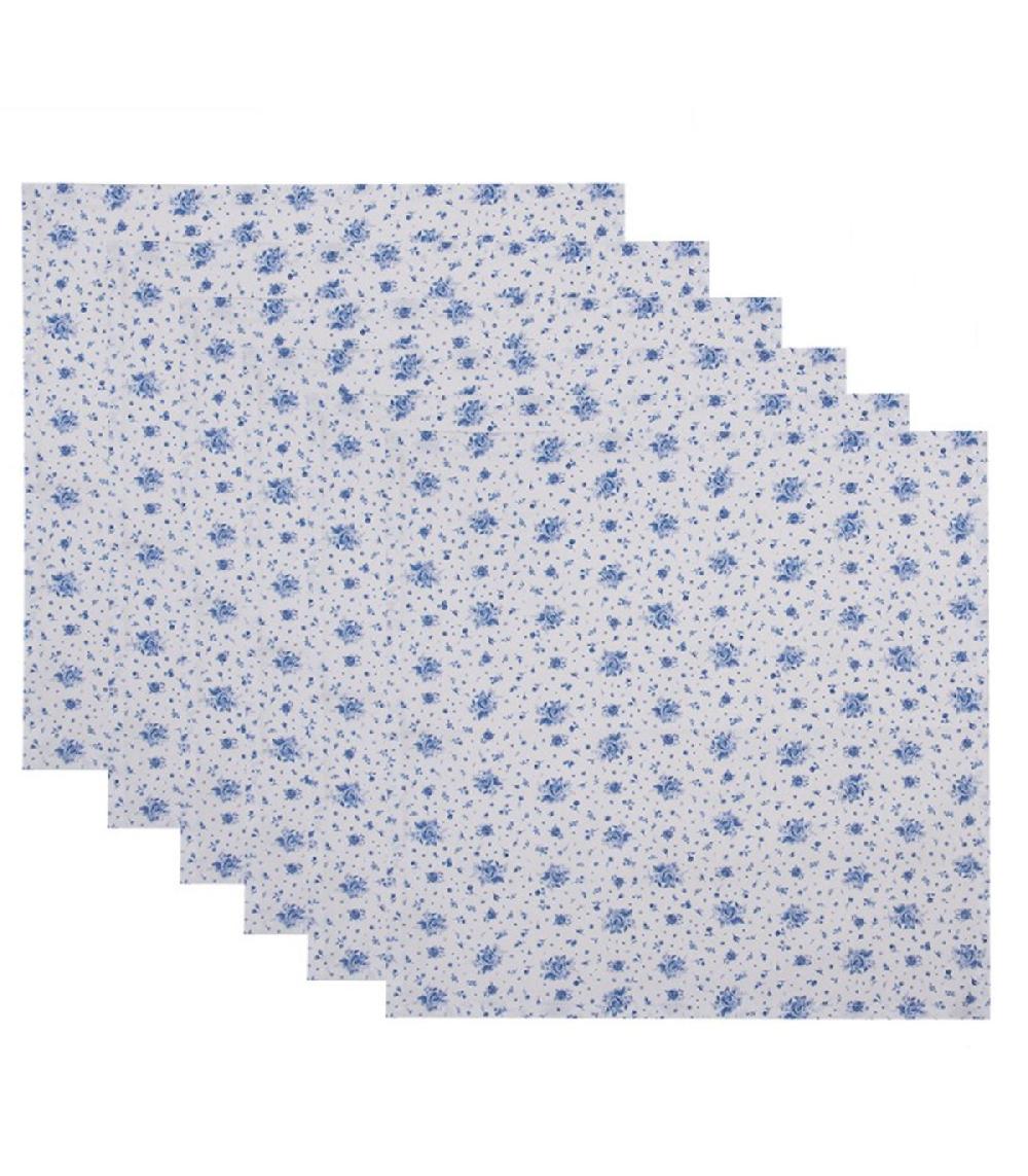 wadiga Set de 6 serviettes de table 100% coton blanc motif fleuri bleu 40x40cm