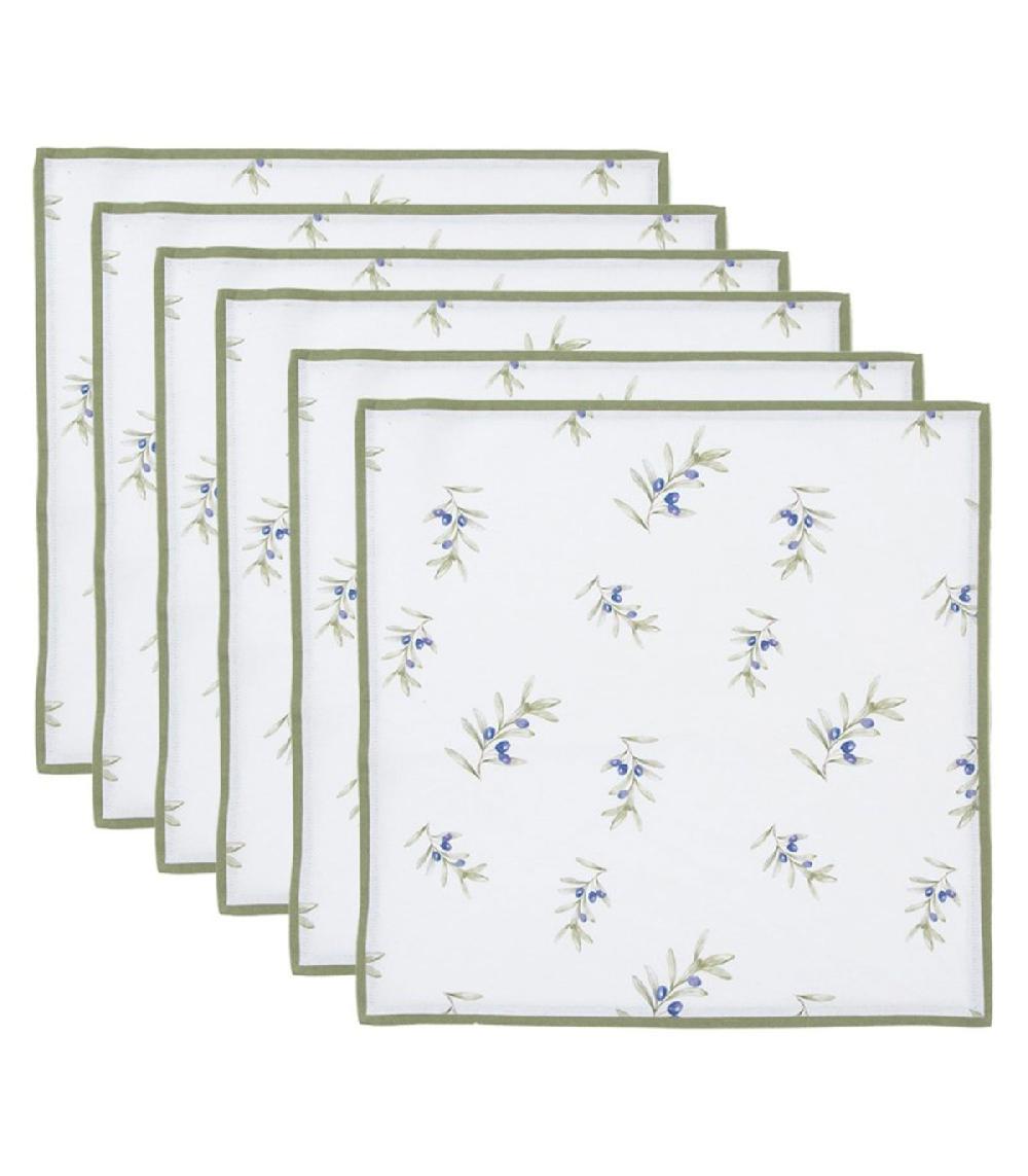 wadiga Set de 6 serviettes de table 100% coton blanc olives 40x40cm