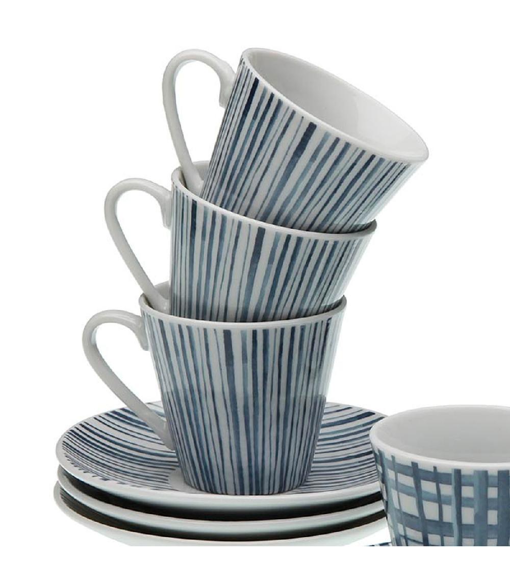 Wadiga Set De 6 Tasses Avec Dessous De Tasses En Porcelaine Bleue Et Blanche