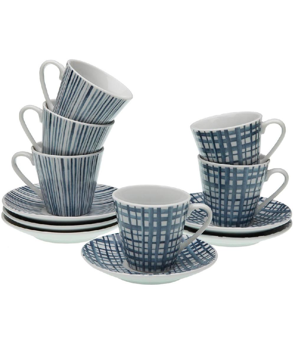 wadiga Set de 6 tasses avec dessous de tasses en porcelaine bleue et blanche