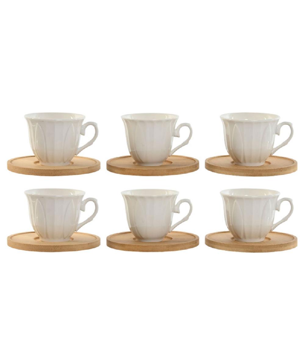 wadiga Set de 6 tasses en porcelaine blanche et sous-tasses bambou 90ml