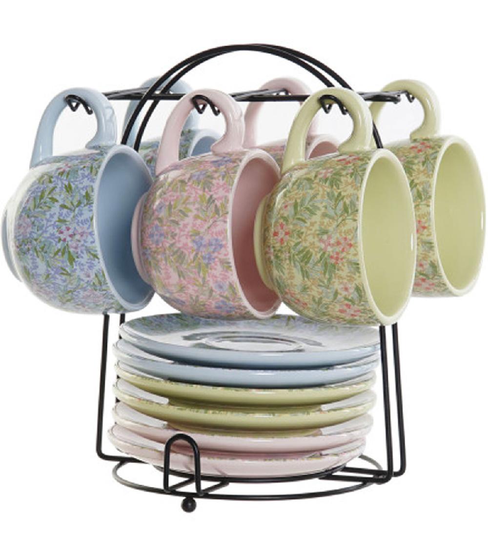 wadiga Set de 6 tasses fleuries et support métal 180ml