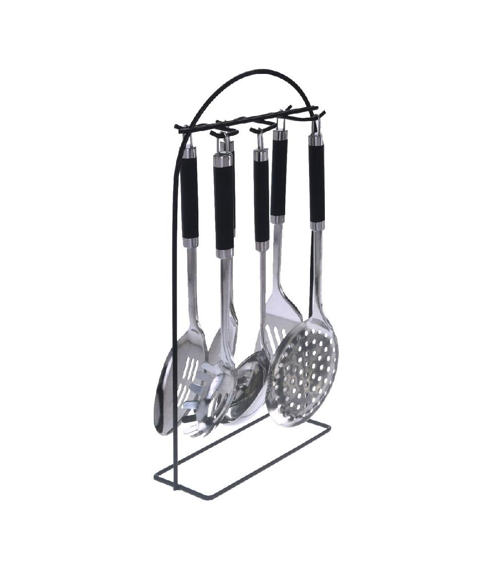 Wadiga Set De 6 Ustensiles De Cuisine En Acier Inoxydable Noir Et Chrome