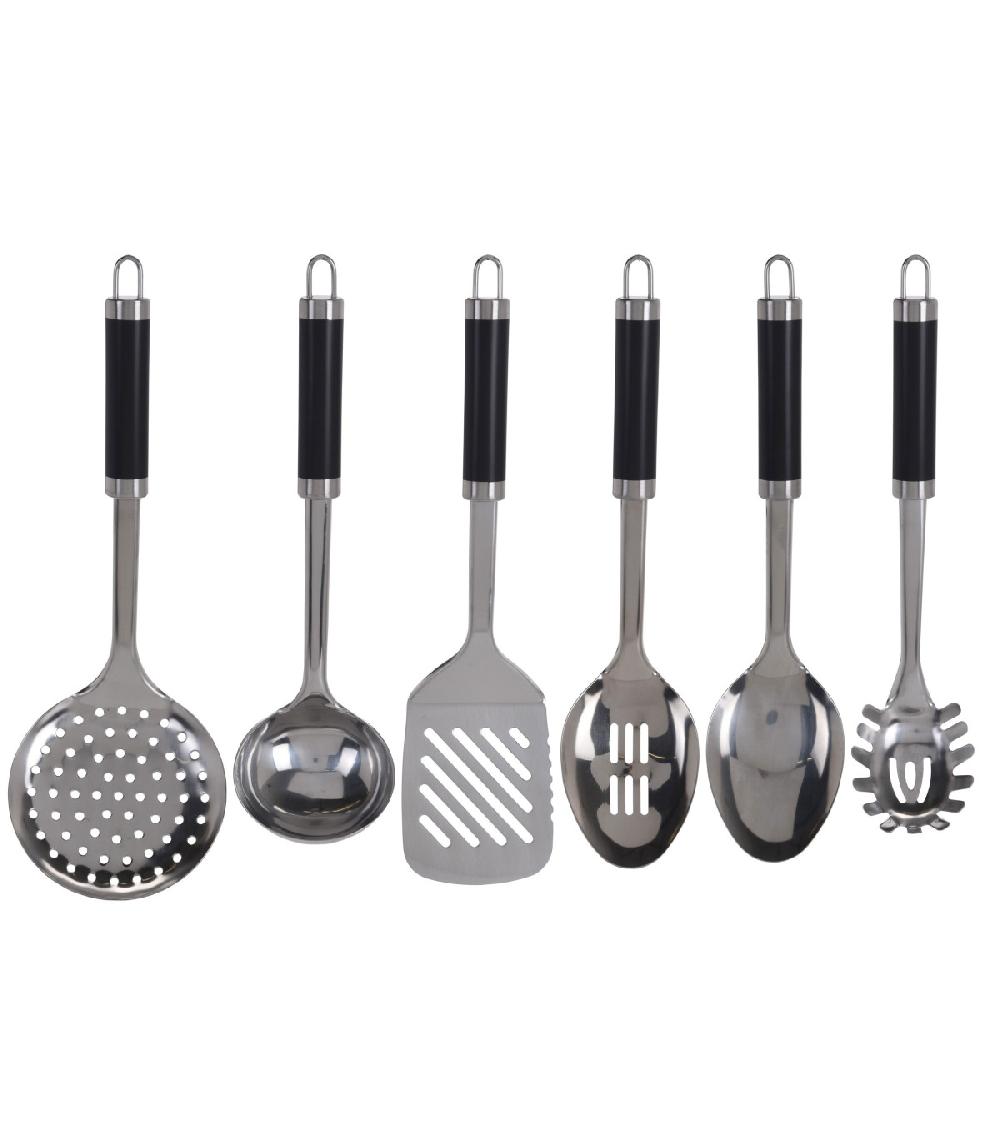 wadiga Set de 6 Ustensiles de Cuisine en Acier Inoxydable Noir et Chrome