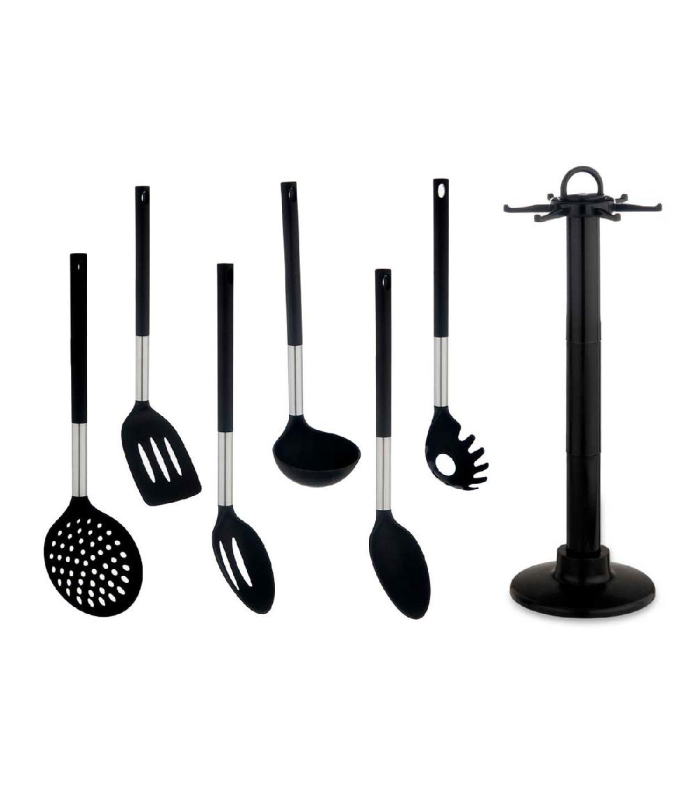 Wadiga Set De 6 Ustensiles De Cuisine En Métal Chromé Et Polypropylène Noir + Support