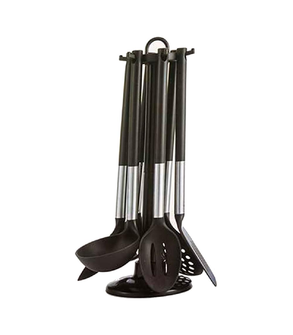 wadiga Set de 6 ustensiles de cuisine en métal chromé et polypropylène noir + support