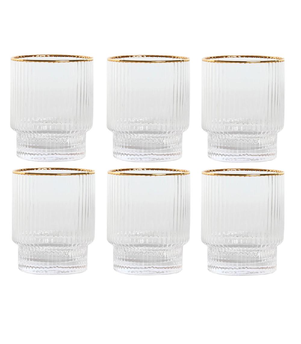 wadiga Set de 6 verres à whisky en verre strié et liseré doré 32cl