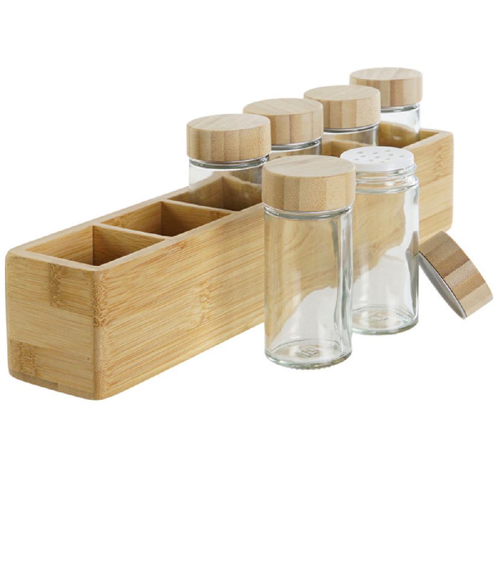 Wadiga Set De 7 Pots à épices En Verre Et Plateau En Bambou 32.5x6.5x6.5cm